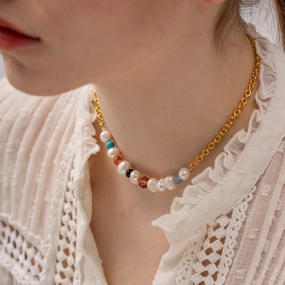 Wholesale Colorful Natural Stone Pearl Beads 18k Gold Stainless Steel Necklaces