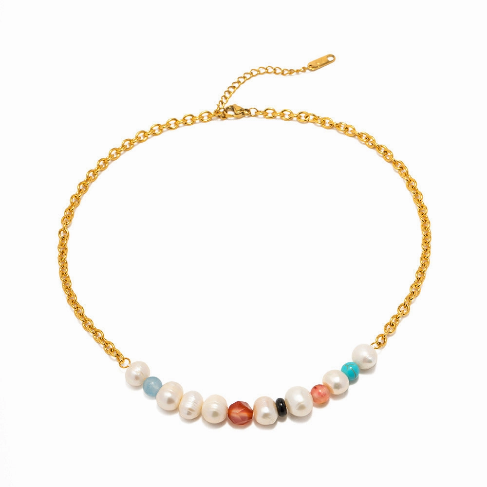 Wholesale Colorful Natural Stone Pearl Beads 18k Gold Stainless Steel Necklaces