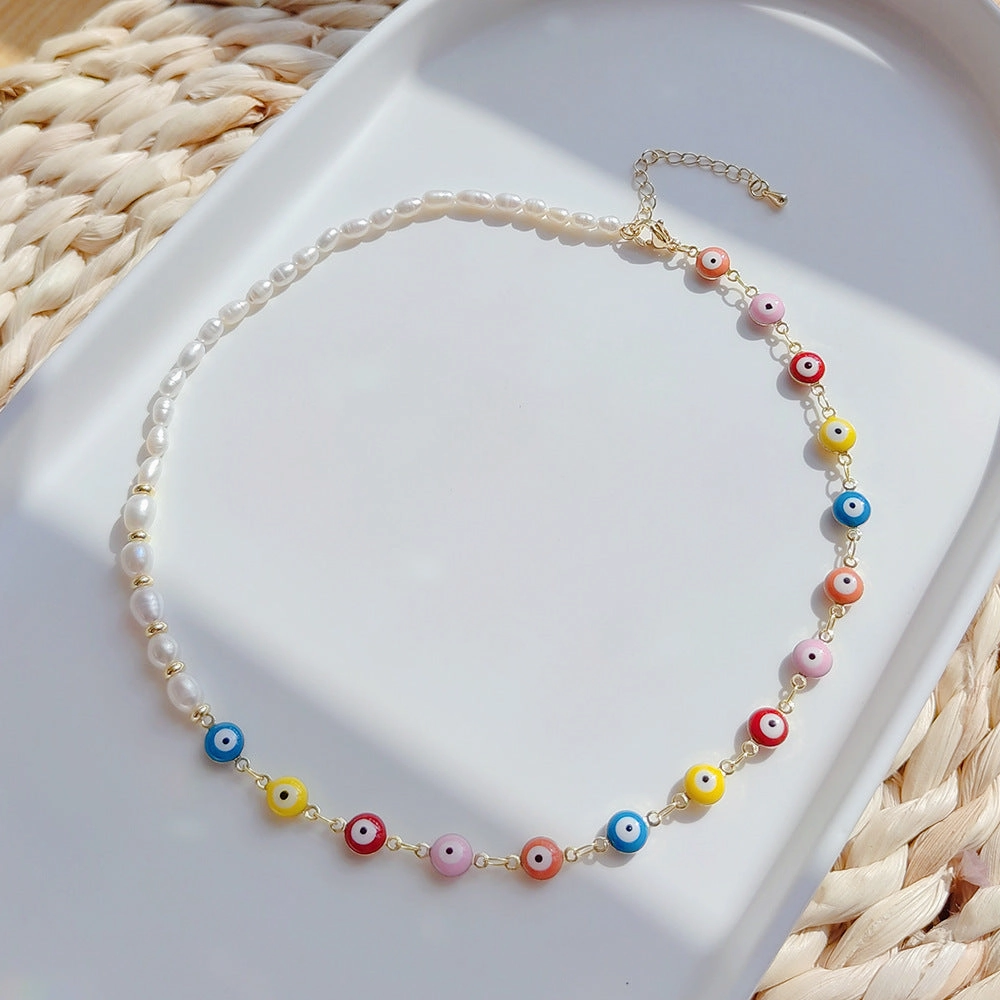 Wholesale Colorful Oil Drop Evil Eye Chain Pearl Necklace