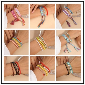 Wholesale Colorful Rice Beads Hand Woven Tassel Bracelet Set