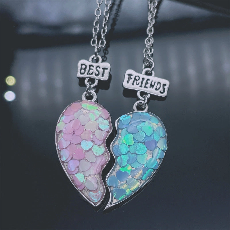 Wholesale Colorful Sequins Good Friends One Pair of Stitching Heart Necklace