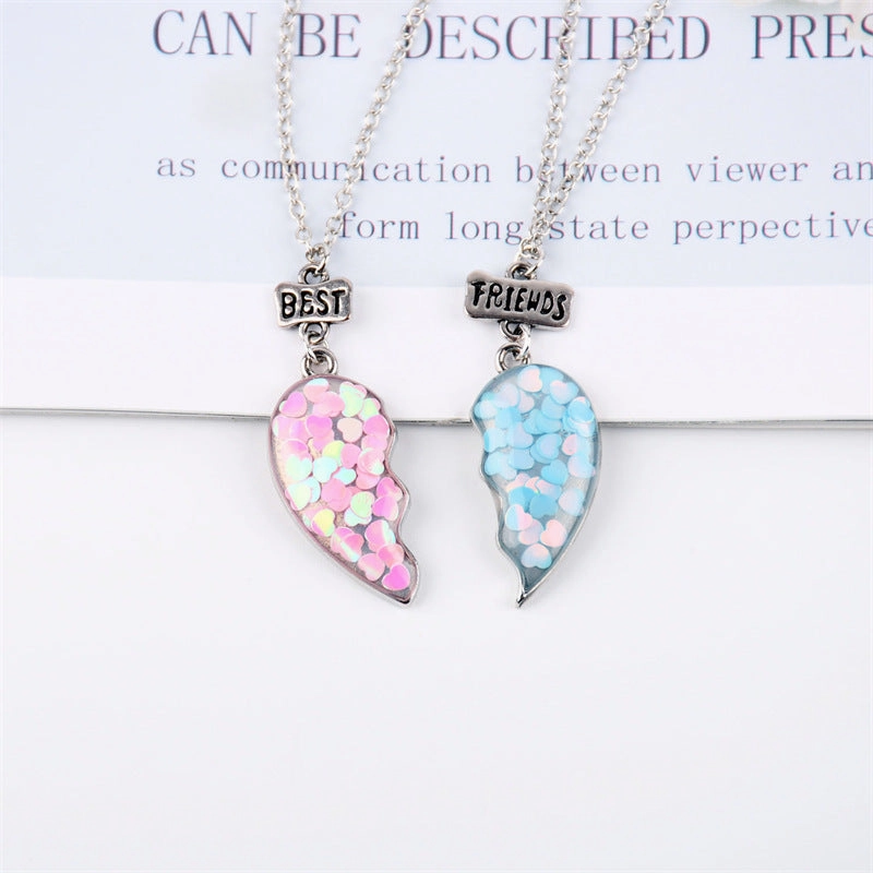 Wholesale Colorful Sequins Good Friends One Pair of Stitching Heart Necklace