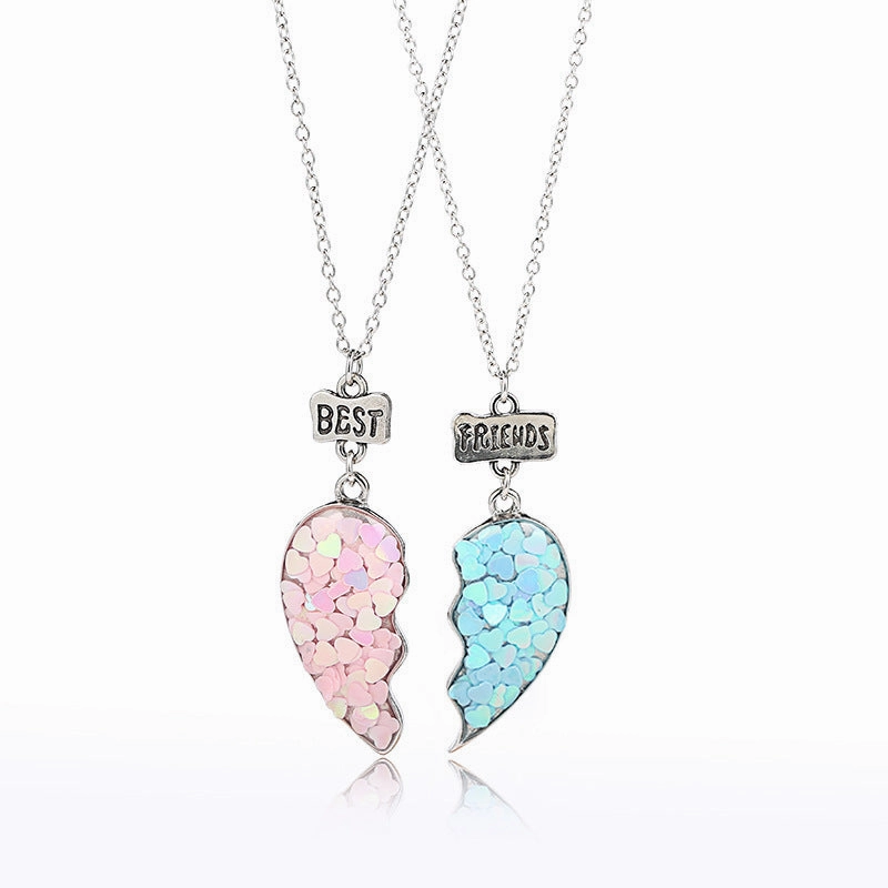 Wholesale Colorful Sequins Good Friends One Pair of Stitching Heart Necklace