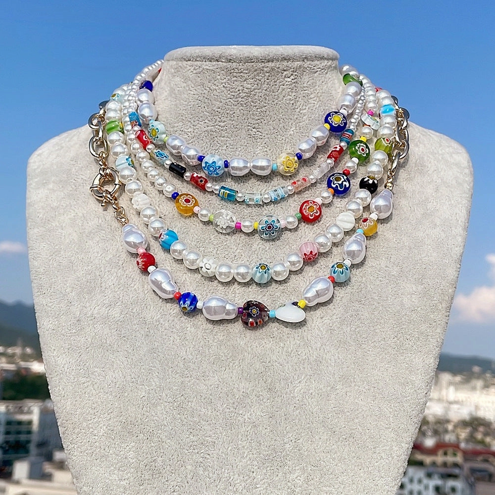 Wholesale Colorful Small Daisy Petal Glass Beads Collarbone Necklace