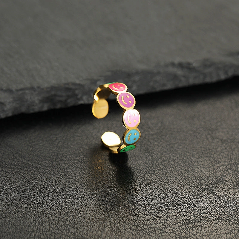 Wholesale Colorful Smiley Flower Opening Adjustable Stainless Steel Ring