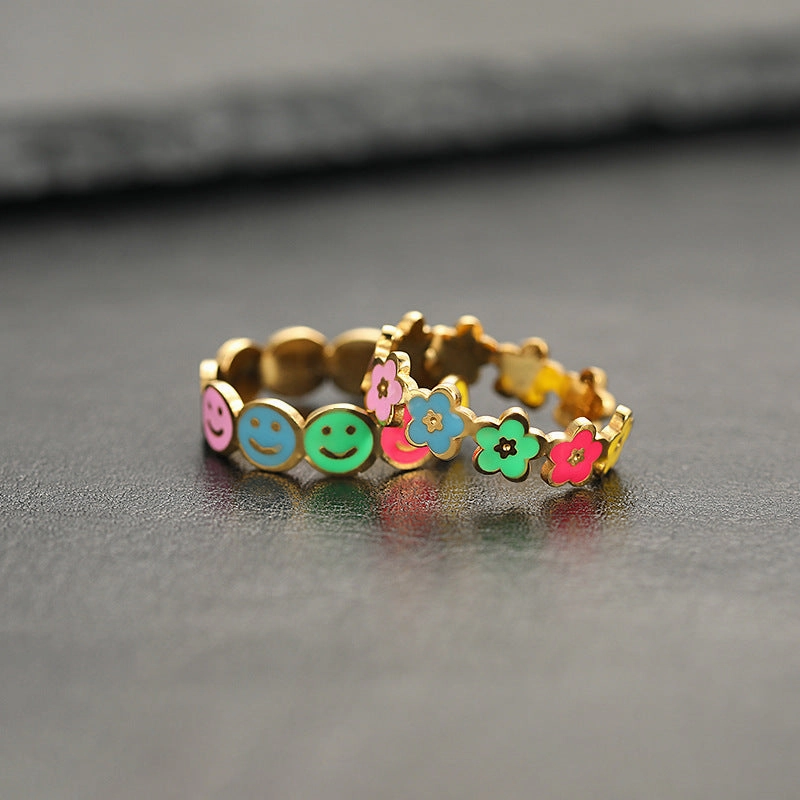 Wholesale Colorful Smiley Flower Opening Adjustable Stainless Steel Ring