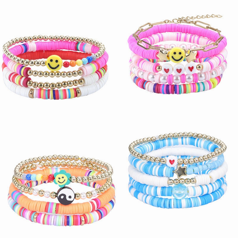 Wholesale Colorful Soft Pottery Smile Heart Pearl Bracelet Set