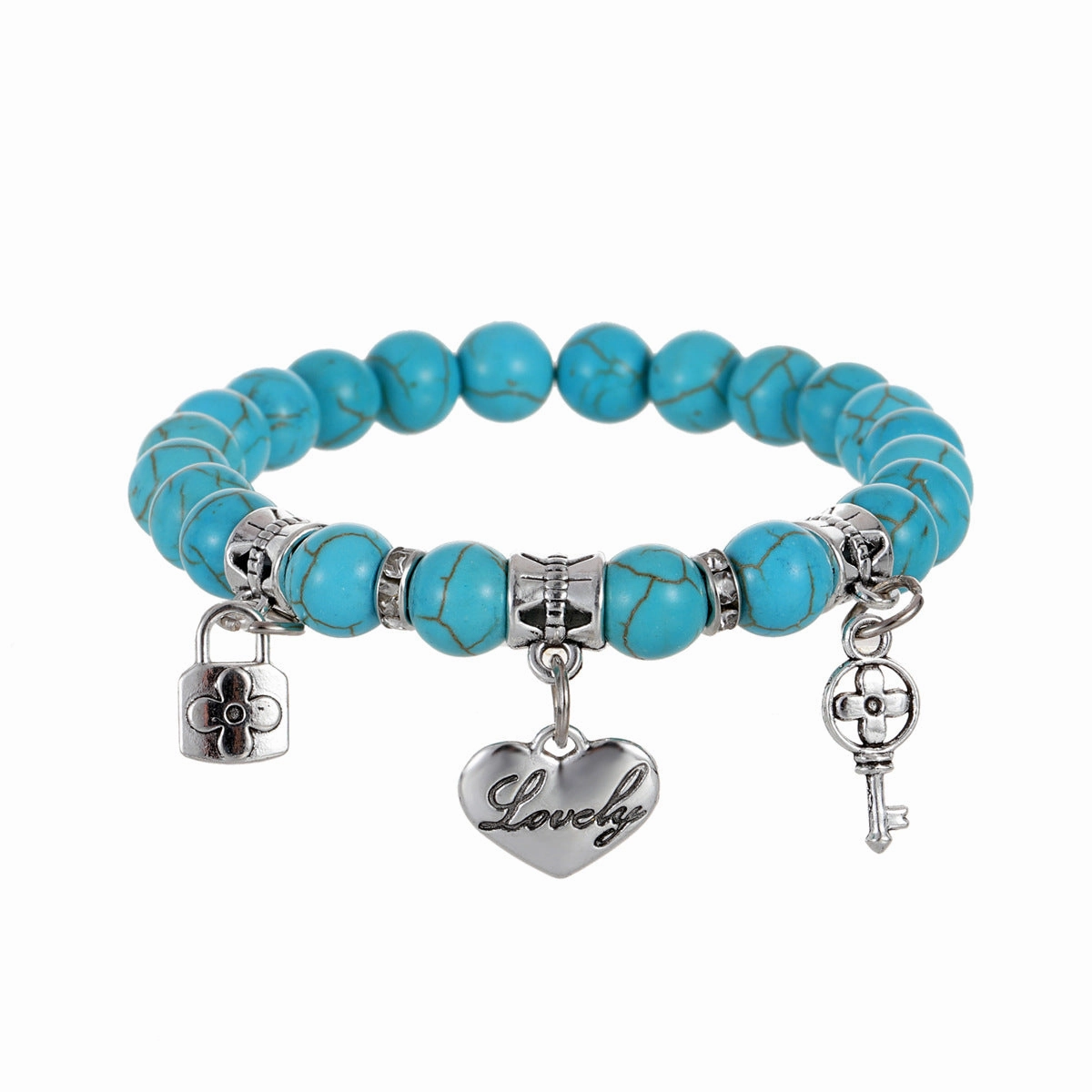 Wholesale Colorful Turquoise Beaded Key Lock Love Heart Pendant Bracelet