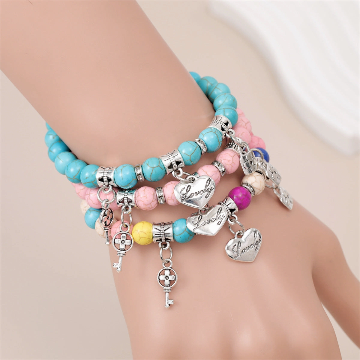Wholesale Colorful Turquoise Beaded Key Lock Love Heart Pendant Bracelet
