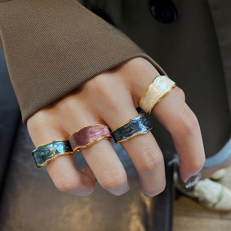 Wholesale Colorful Wave Adjustable Epoxy Enamel Silver Plated Ring