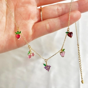 Wholesale Colorful Zircon Cherry Peach Tropical Fruit Copper Necklace
