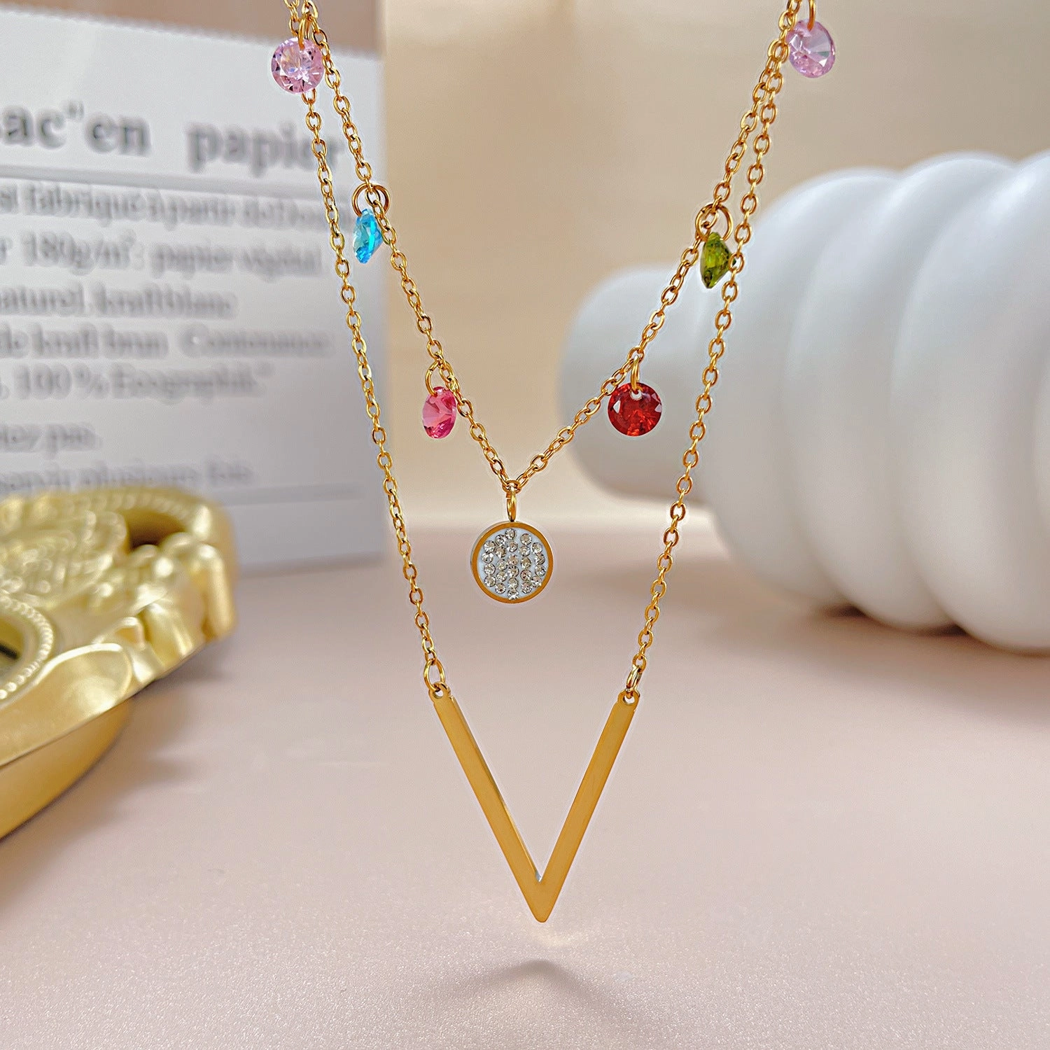 Wholesale Colorful Zircon Double Layer Titanium Steel Necklace