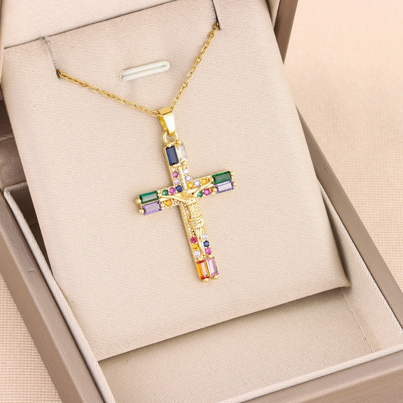 Wholesale Colorful Zirconium Cross Titanium Steel Necklaces
