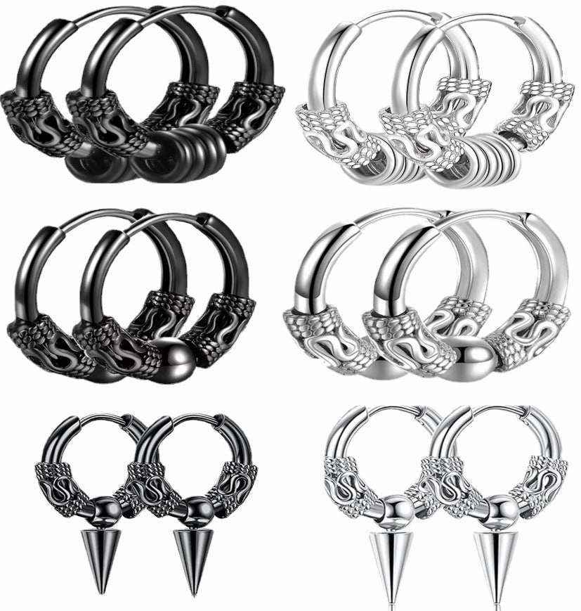 Wholesale Conical Stainless Steel Dragon Pattern Totem Titanium Steel Earrings