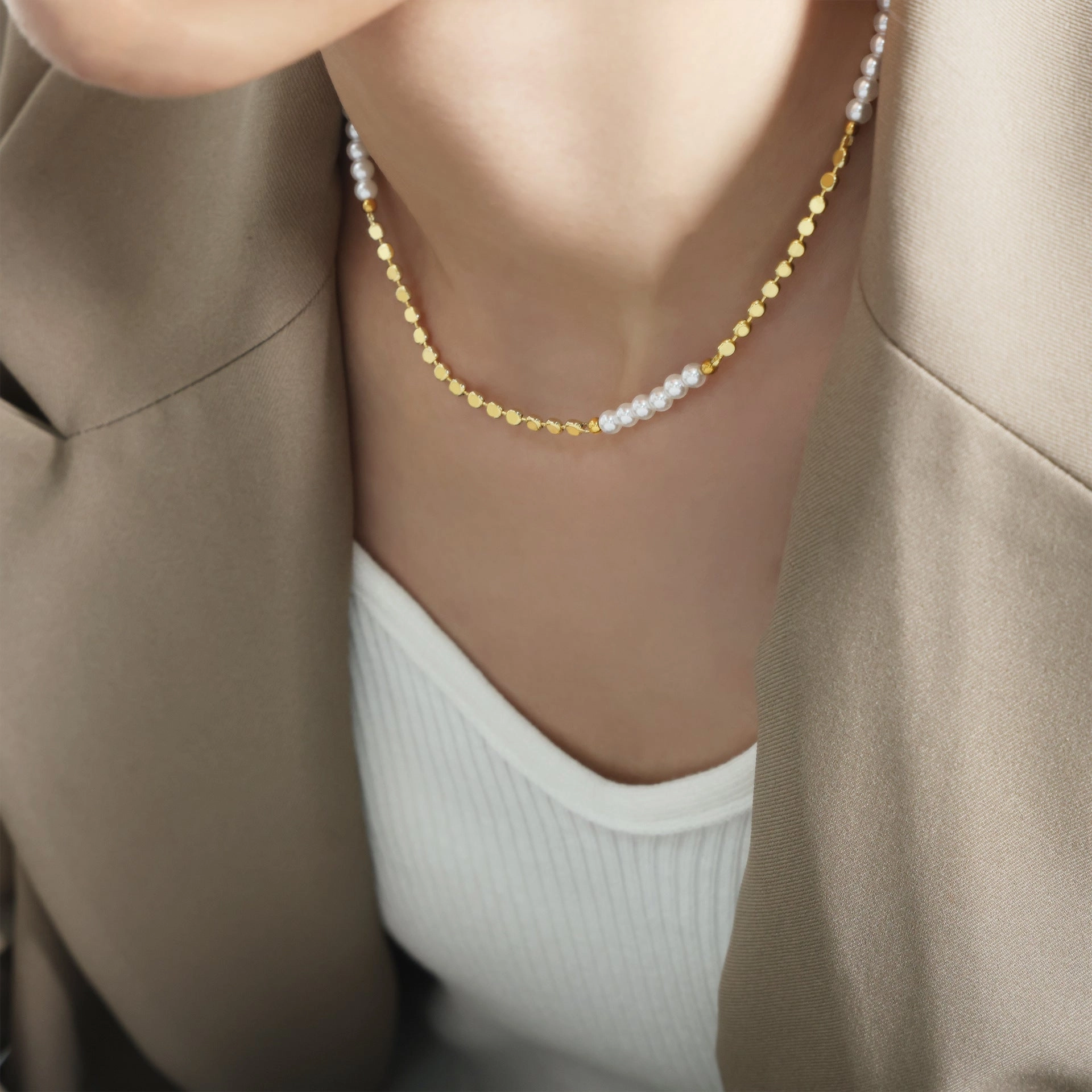 Wholesale Copper 18k Gold Freshwater Pearl Lentil Splicing Necklace