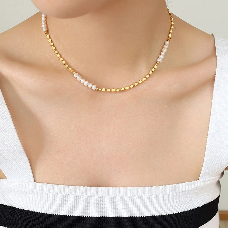 Wholesale Copper 18k Gold Freshwater Pearl Lentil Splicing Necklace