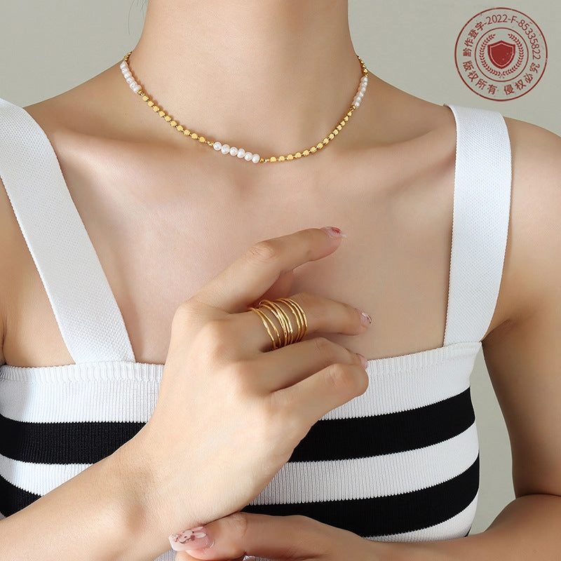 Wholesale Copper 18k Gold Freshwater Pearl Lentil Splicing Necklace