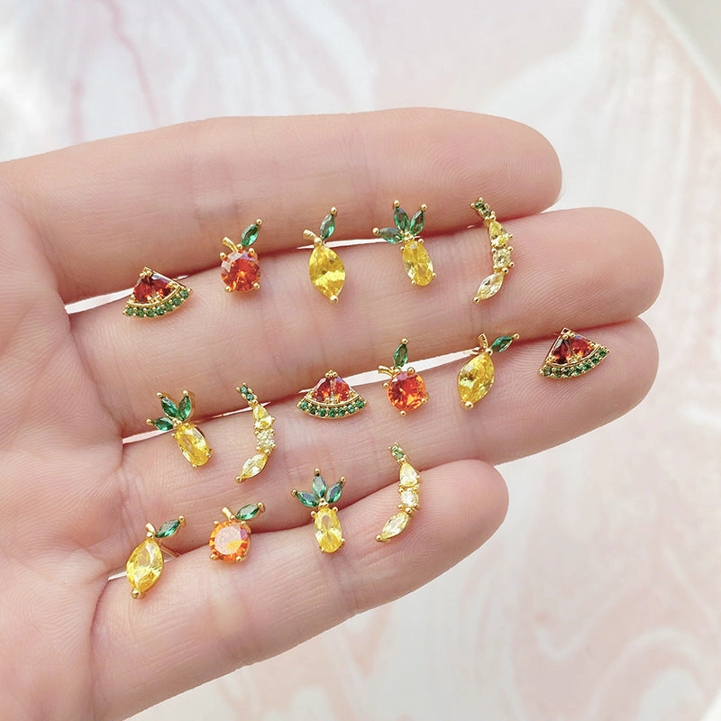 Wholesale Copper 18k Gold Plated Fruit Diamond Zircon Stud Earrings