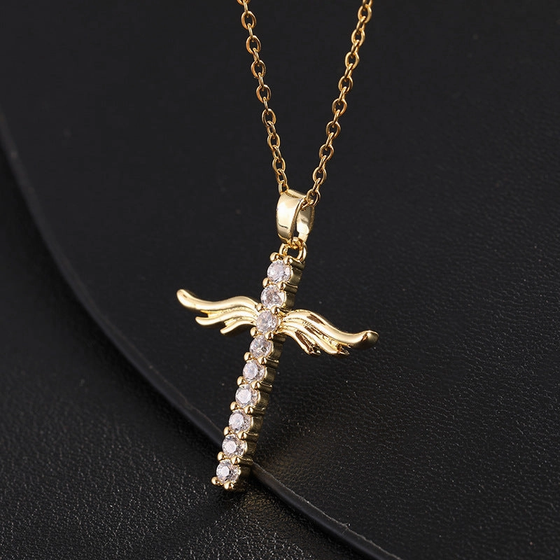 Wholesale Copper Angel Wings Pendant Cross Micropaved Zircon Necklace