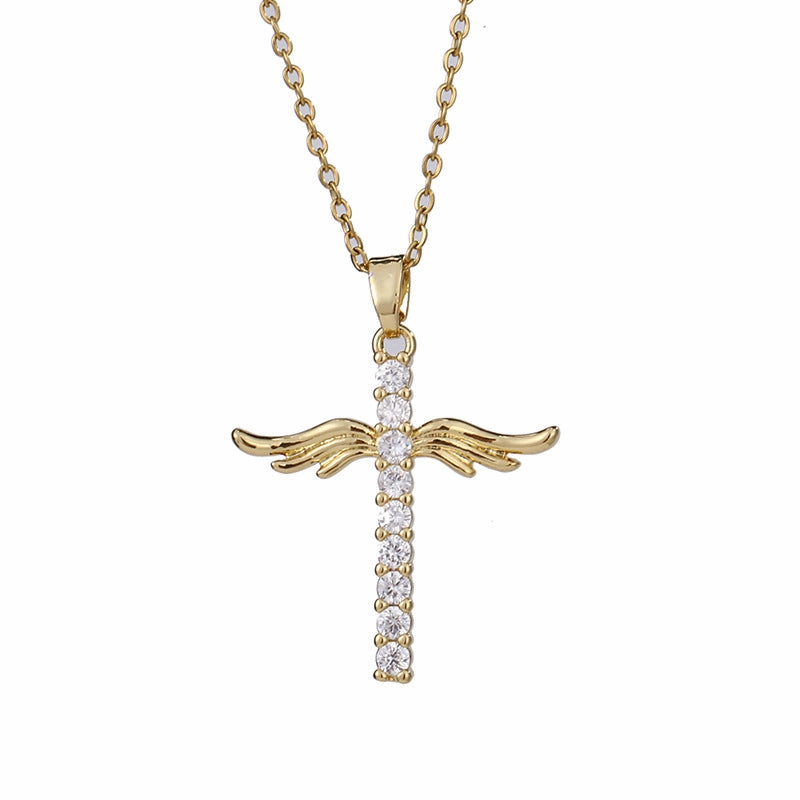 Wholesale Copper Angel Wings Pendant Cross Micropaved Zircon Necklace