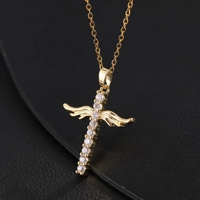 Wholesale Copper Angel Wings Pendant Cross Micropaved Zircon Necklace