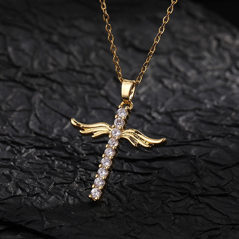 Wholesale Copper Angel Wings Pendant Cross Micropaved Zircon Necklace