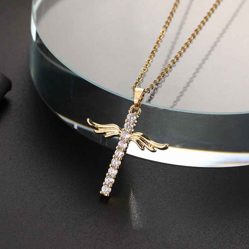 Wholesale Copper Angel Wings Pendant Cross Micropaved Zircon Necklace