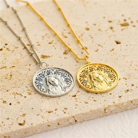 Wholesale Copper Aquamarine Diamond Medal Pendant Necklace