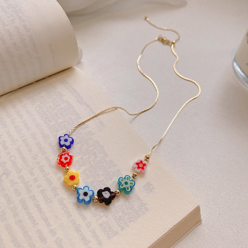 Wholesale Copper Colorful Glass Flower Pendant Necklace