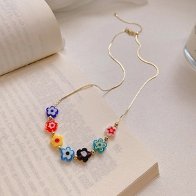Wholesale Copper Colorful Glass Flower Pendant Necklace
