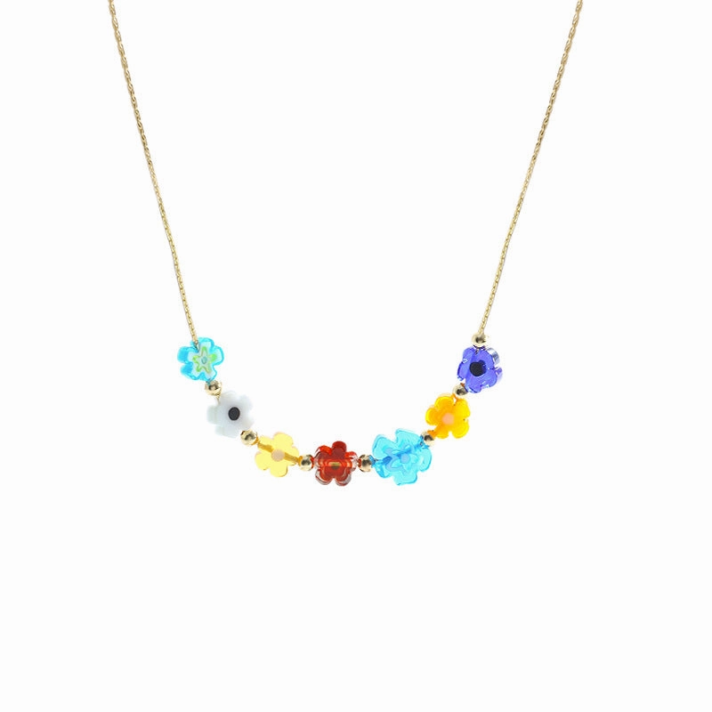 Wholesale Copper Colorful Glass Flower Pendant Necklace
