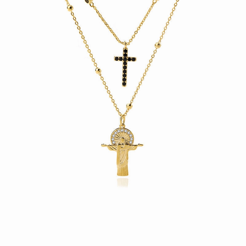 Wholesale Copper Cross Double-layer Embossed Figure Necklace