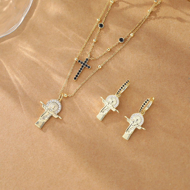 Wholesale Copper Cross Double-layer Embossed Figure Necklace