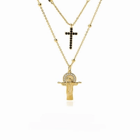 Wholesale Copper Cross Double-layer Embossed Figure Necklace