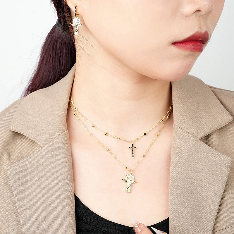 Wholesale Copper Cross Double-layer Embossed Figure Necklace