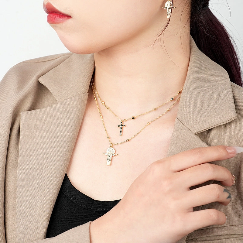 Wholesale Copper Cross Double-layer Embossed Figure Necklace