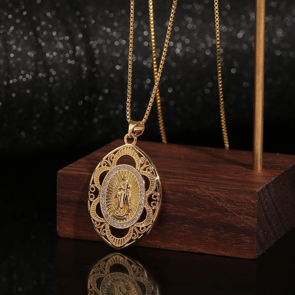 Wholesale Copper Geometric Hollow Pattern Virgin Mary Pendant Necklace