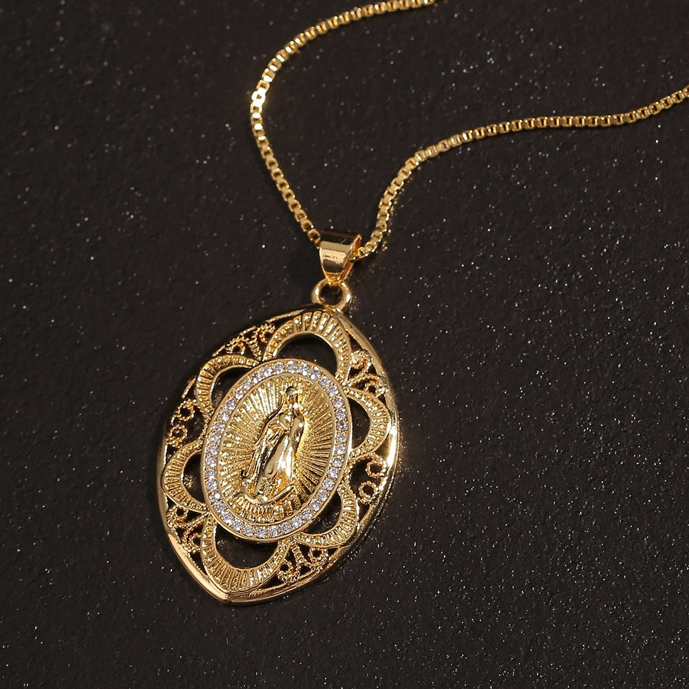 Wholesale Copper Geometric Hollow Pattern Virgin Mary Pendant Necklace