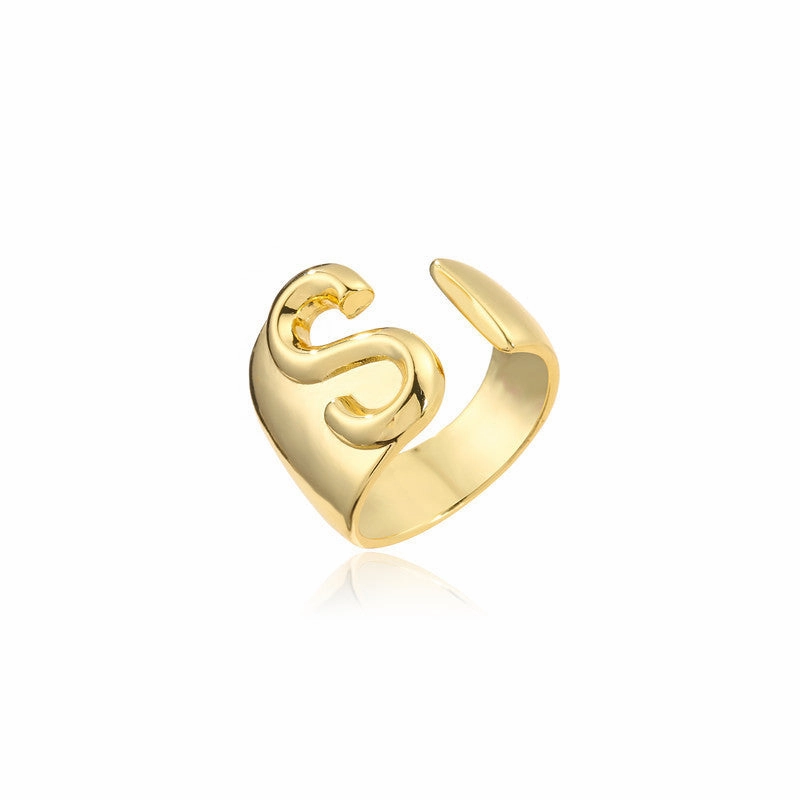 Wholesale Copper Gold Plated 26 English Letters Open Adjustable Ring