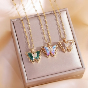 Wholesale Copper Gold Plated Micropaved Color Crystal Butterfly Titanium Steel Necklace