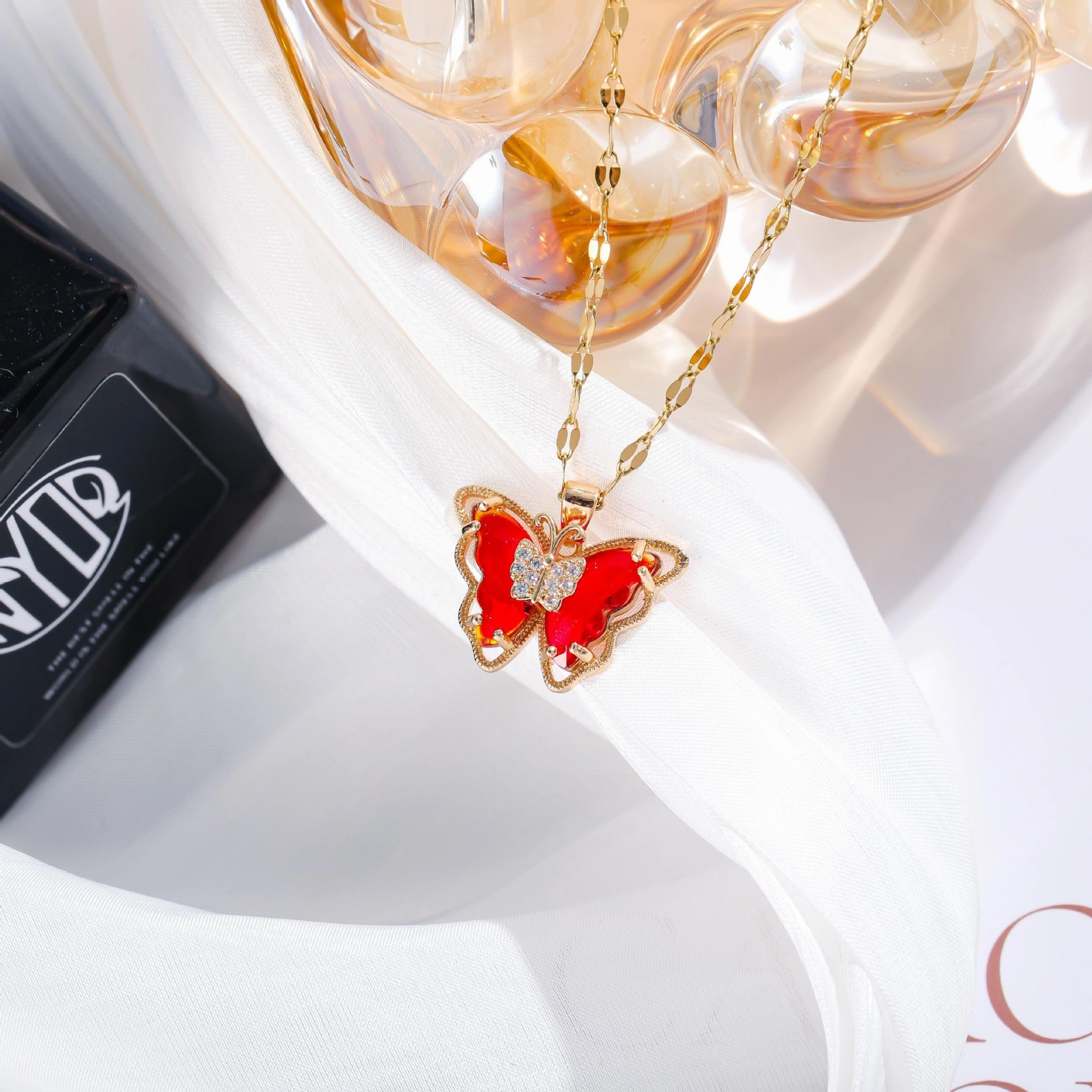 Wholesale Copper Gold Plated Micropaved Color Crystal Butterfly Titanium Steel Necklace