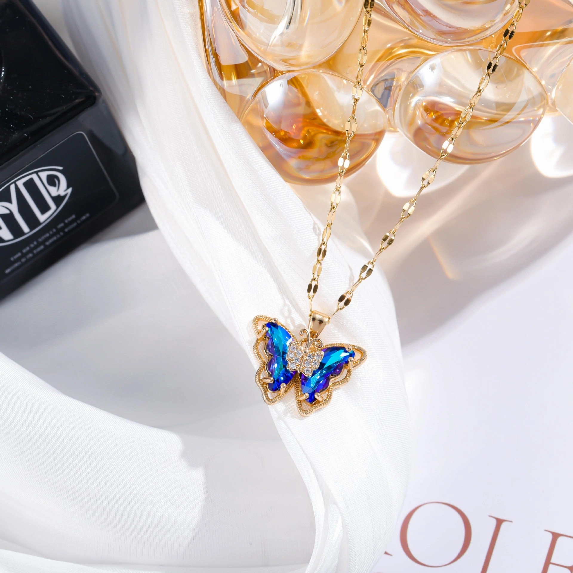 Wholesale Copper Gold Plated Micropaved Color Crystal Butterfly Titanium Steel Necklace