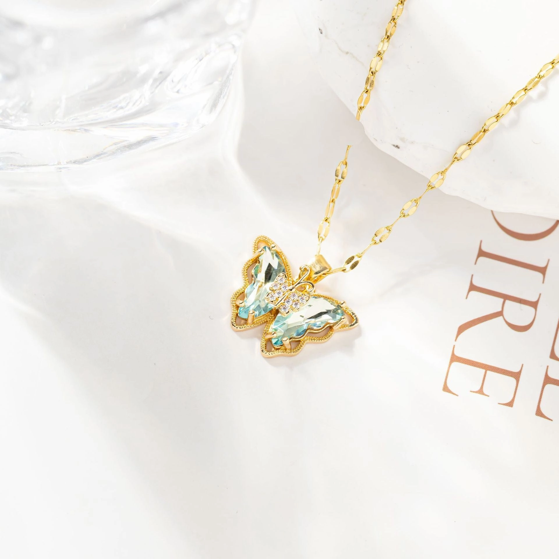 Wholesale Copper Gold Plated Micropaved Color Crystal Butterfly Titanium Steel Necklace
