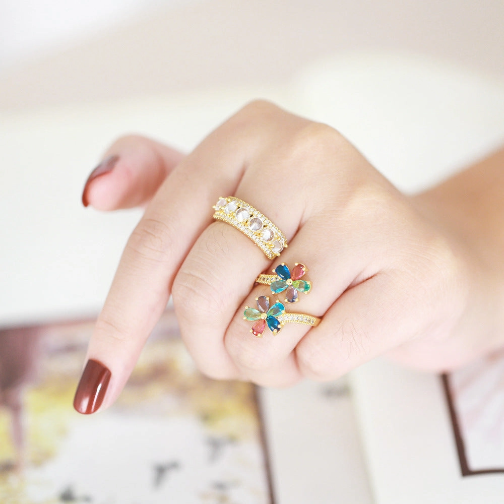 Wholesale Copper Gold-plated New Color Zircon Flower Ring