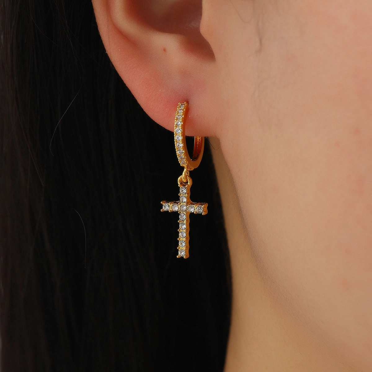 Wholesale Copper Inlaid Zirconium Cross Earrings