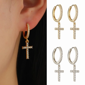 Wholesale Copper Inlaid Zirconium Cross Earrings