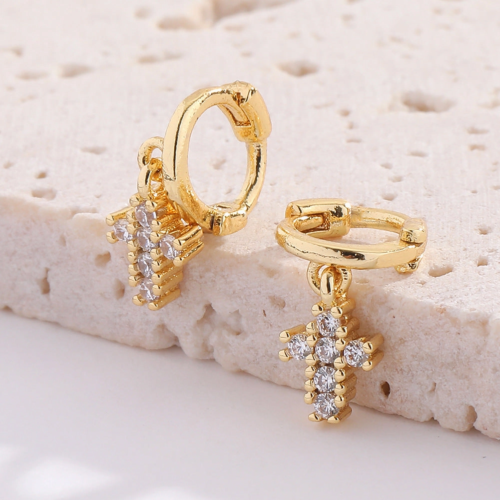Wholesale Copper Micro Paved Zircon Stud Earrings Cross Mini Petite Earrings