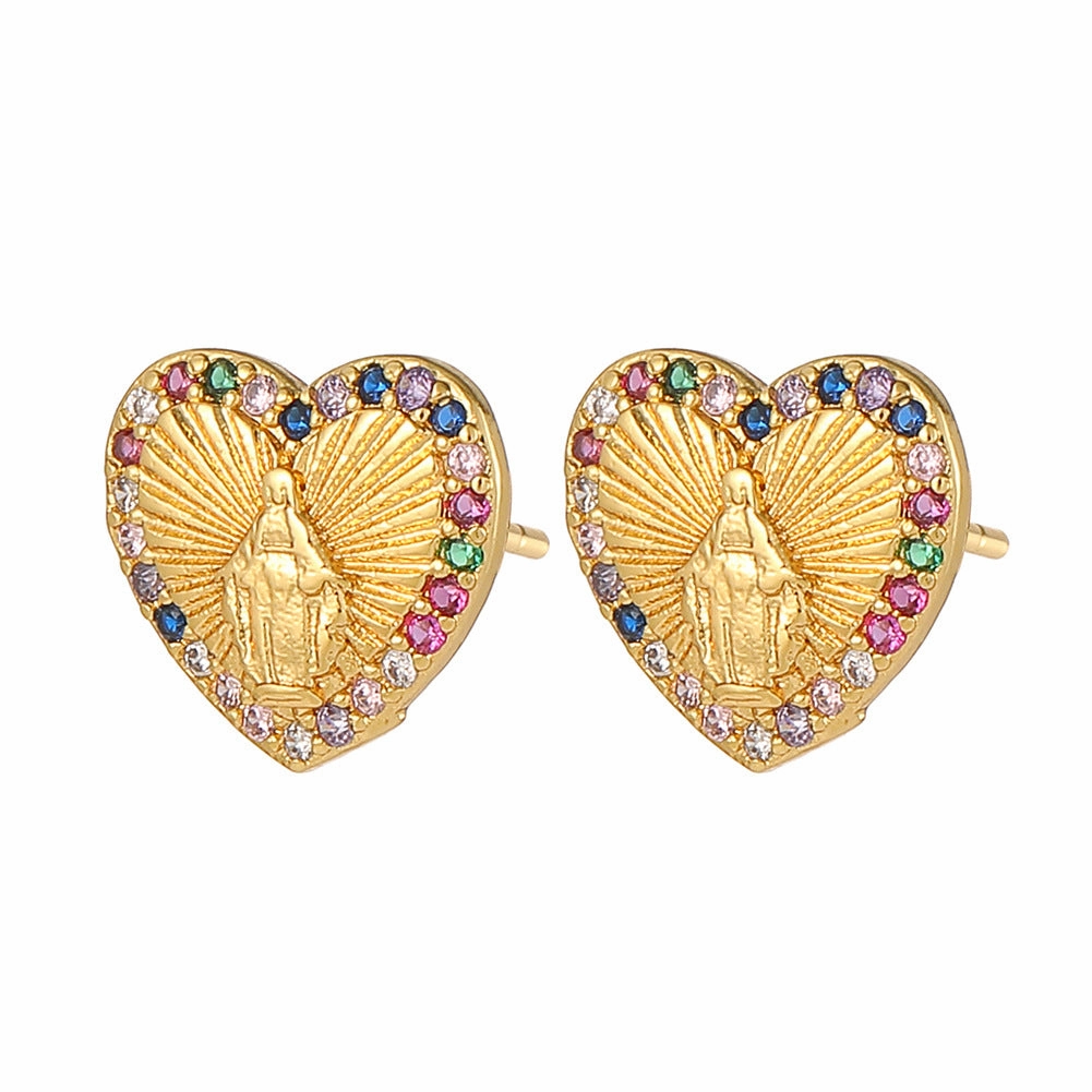 Wholesale Copper Micropaved Zircon Virgin Mary Heart Earrings