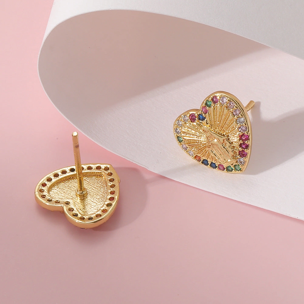 Wholesale Copper Micropaved Zircon Virgin Mary Heart Earrings