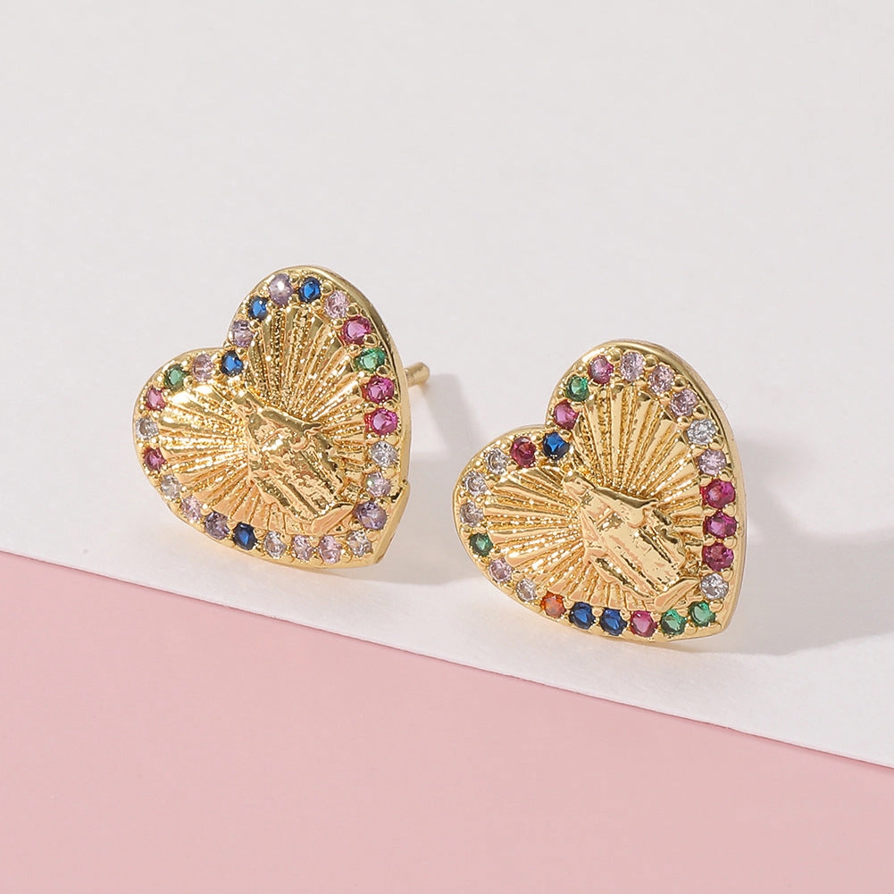Wholesale Copper Micropaved Zircon Virgin Mary Heart Earrings